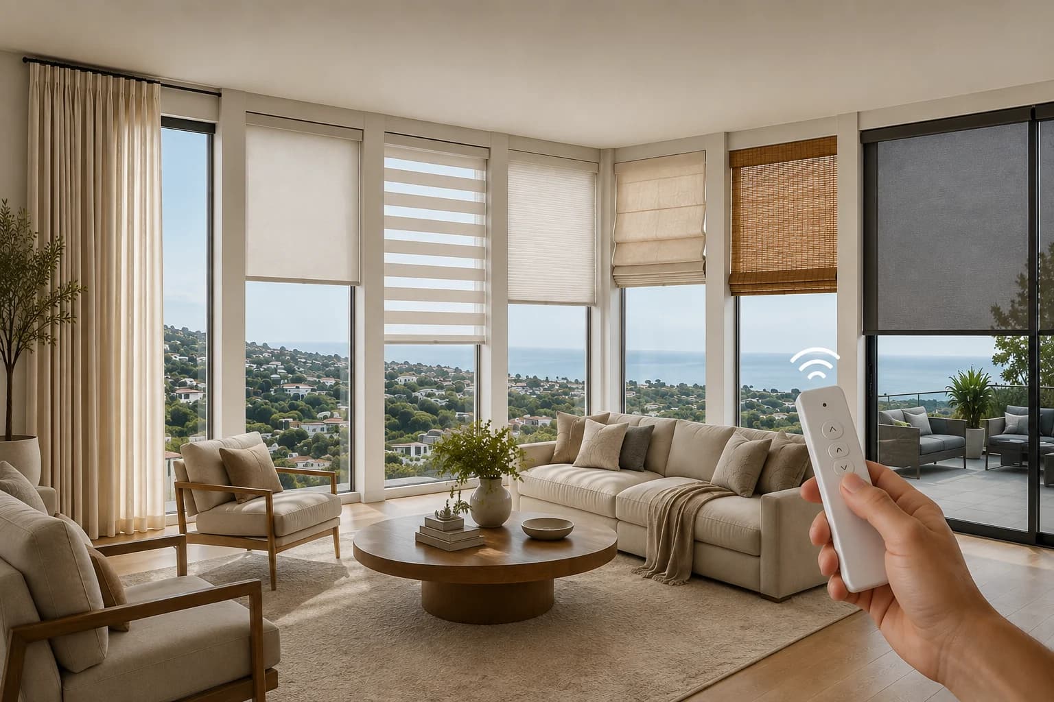 Motorized window treatments with remote control in a modern living room.