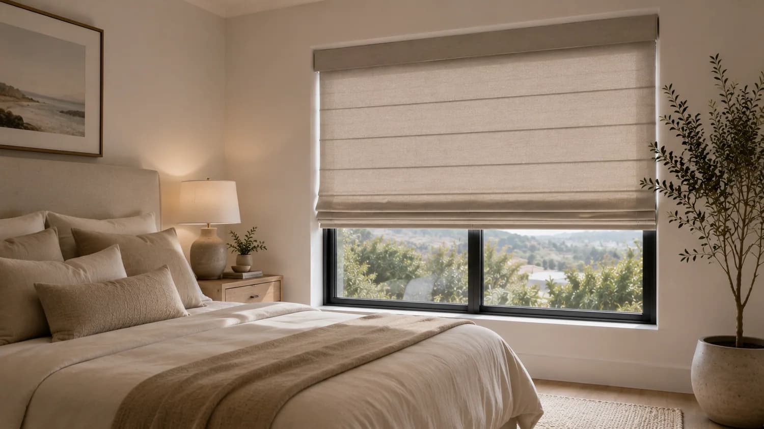 Roman shades installed in a bedroom window.