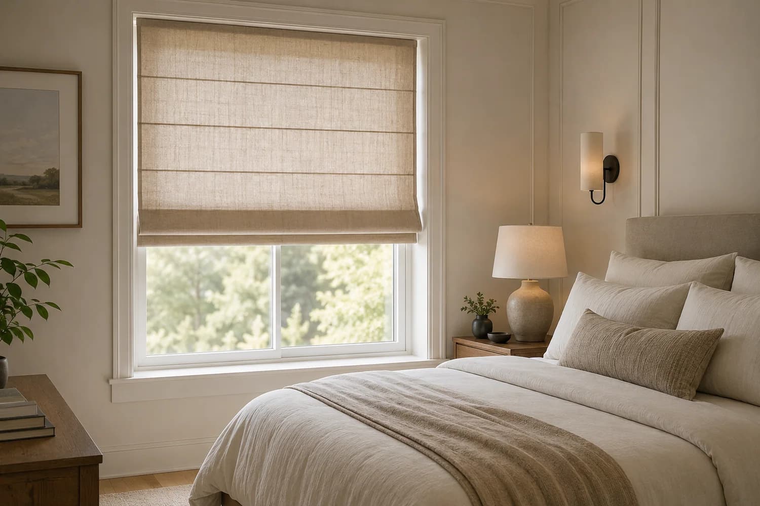 Flat Roman shade installed in a bedroom window.