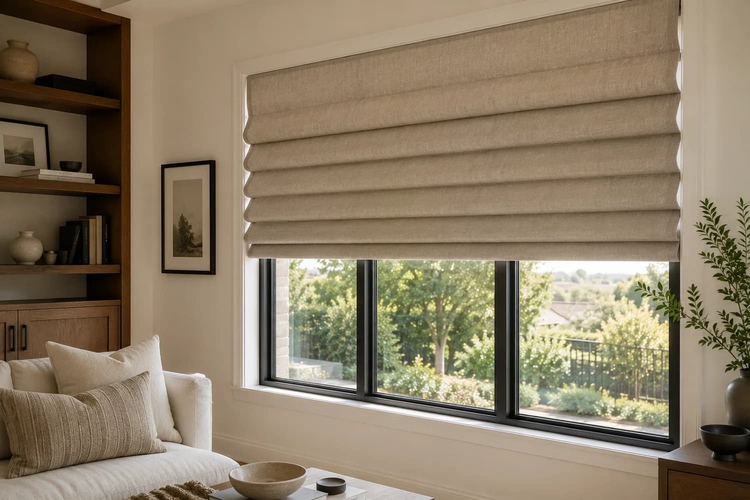 Hobbled Roman shade with visible horizontal fabric folds.