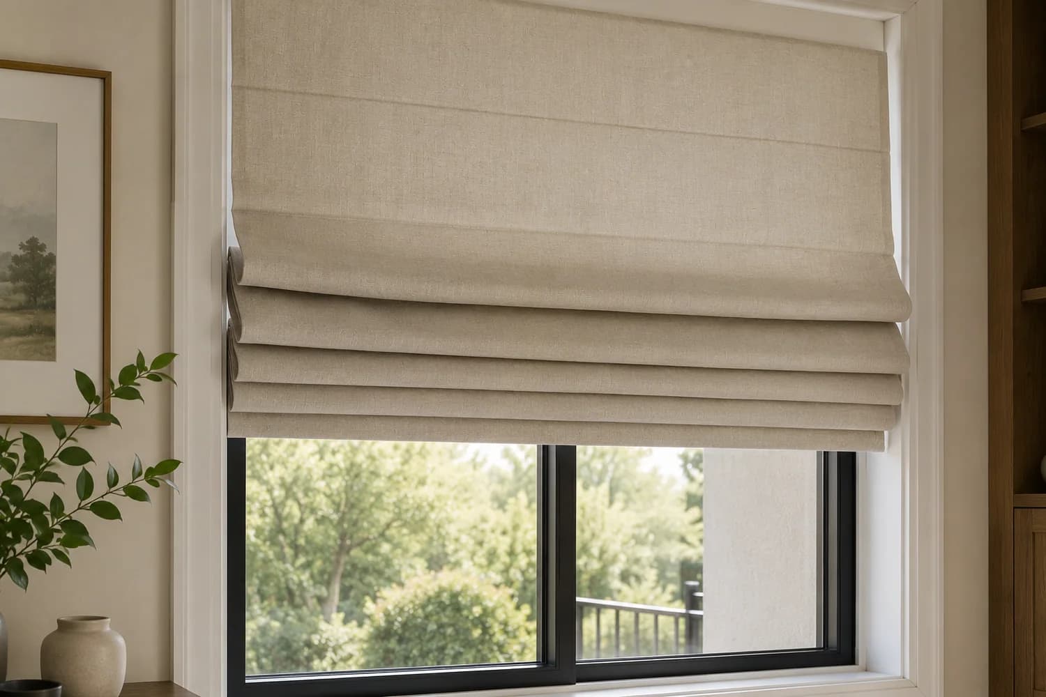 Roman shade raised into stacked fabric folds.