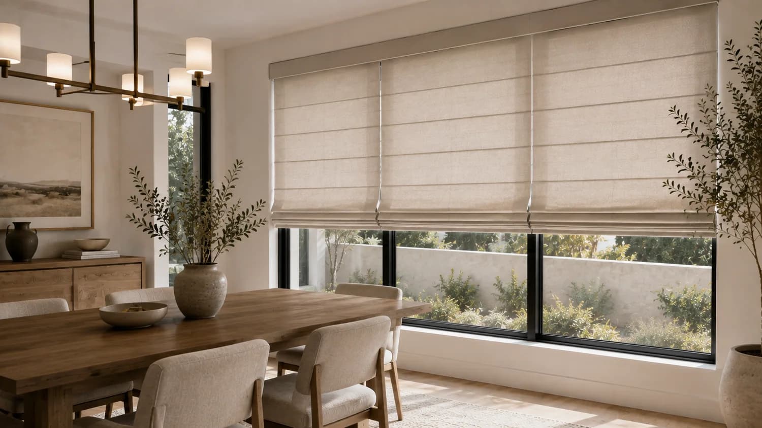 Roman shade installed across a wide dining room window.