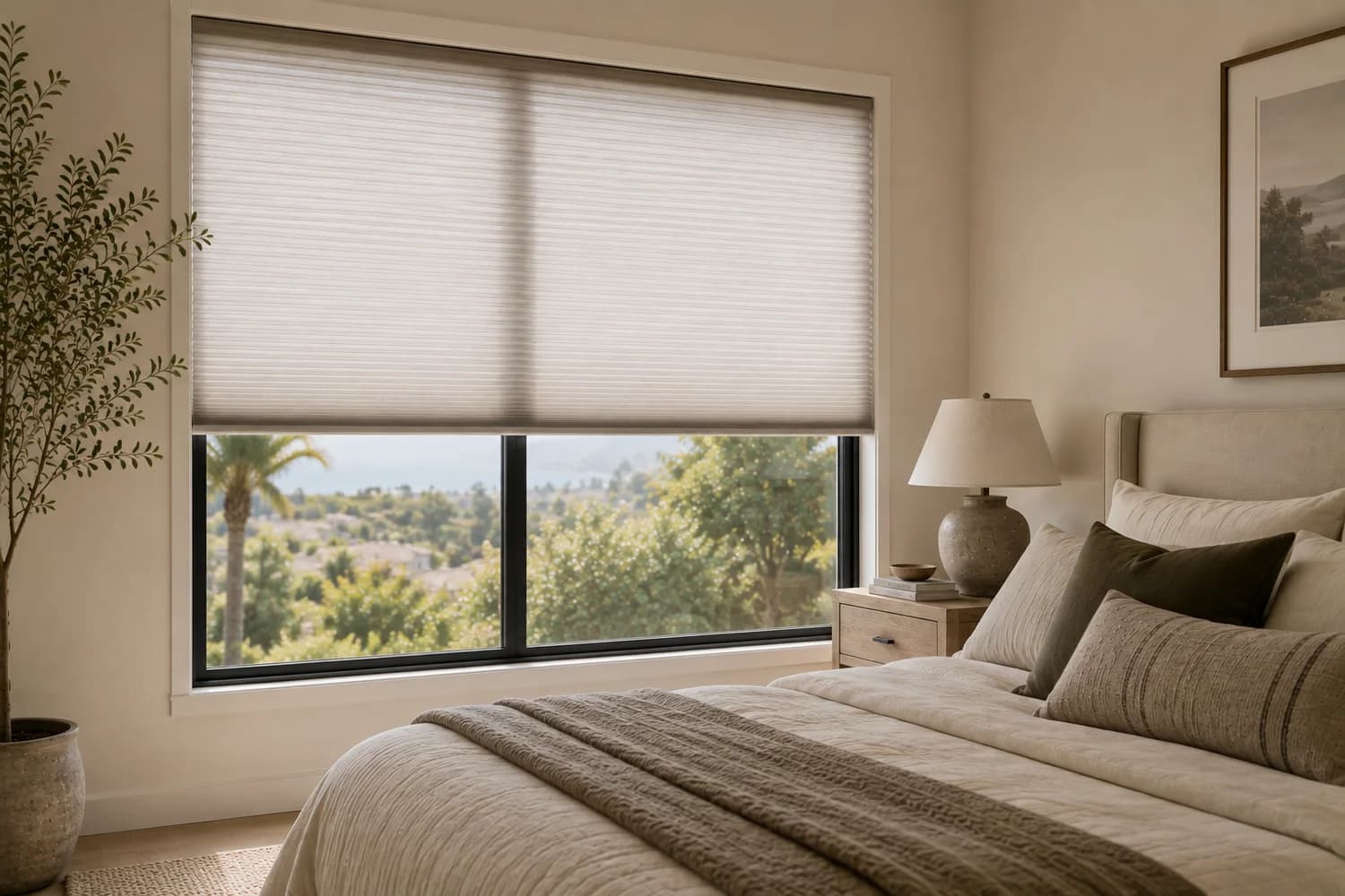 Cellular shades installed in a bedroom window.