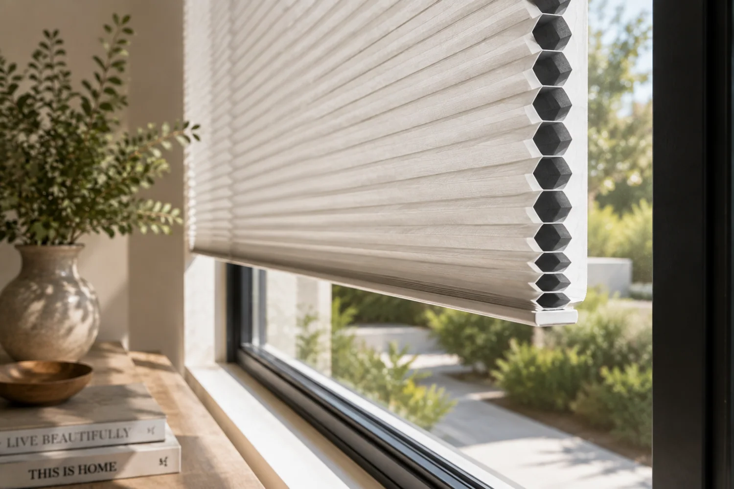 Close-up side view of cellular shade honeycomb construction.