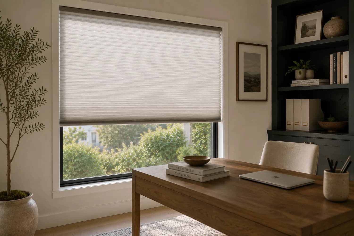 Cellular shade installed in a home office window.