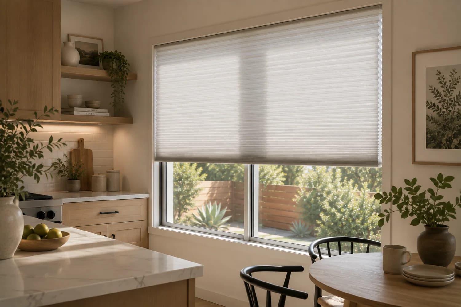 Light-filtering cellular shade installed in a kitchen window.
