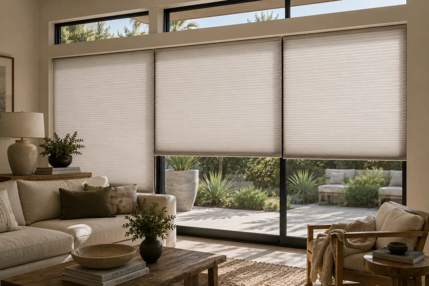 Cellular shades installed across living room windows.