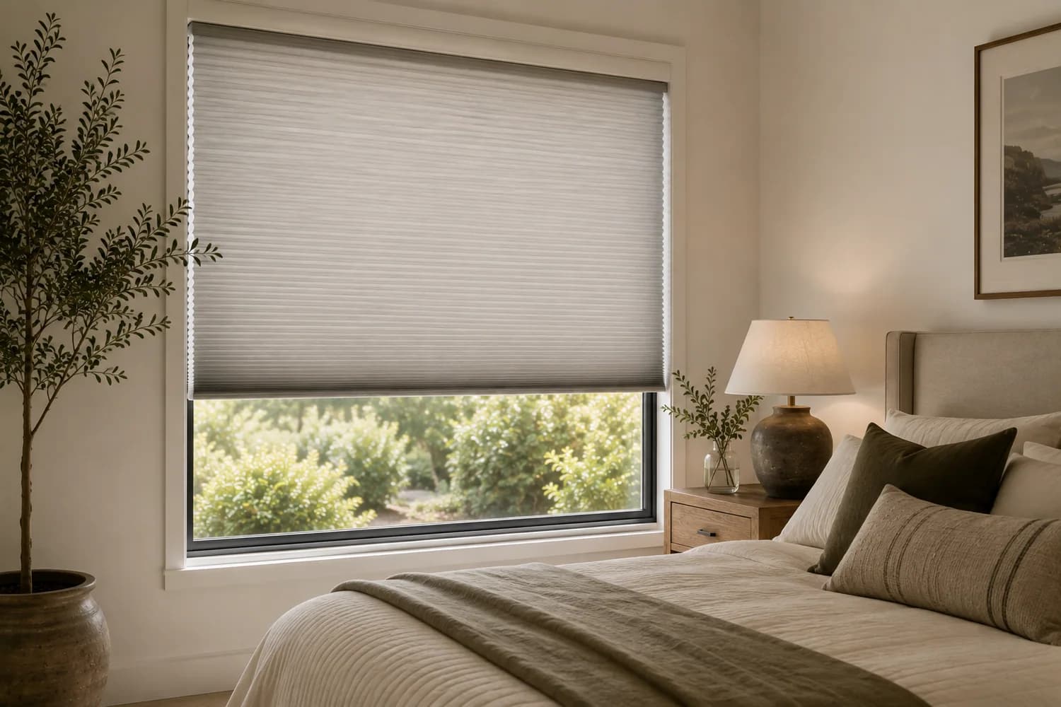 Cellular shade installed in a bedroom for filtered light and privacy.