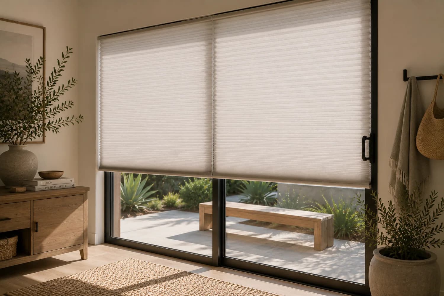 Cellular shade installed across a wide patio door opening.