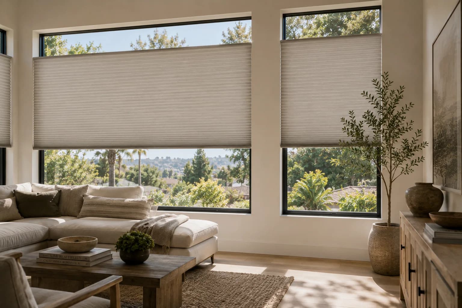 Cellular shades installed across wide living room windows.