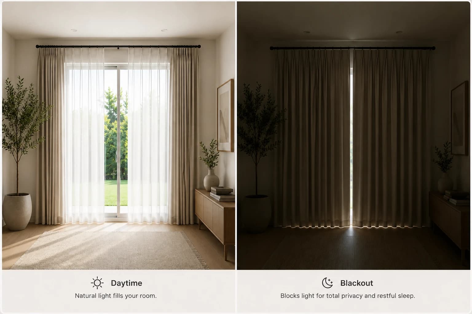 Daytime and blackout drapery comparison across a sliding glass door.