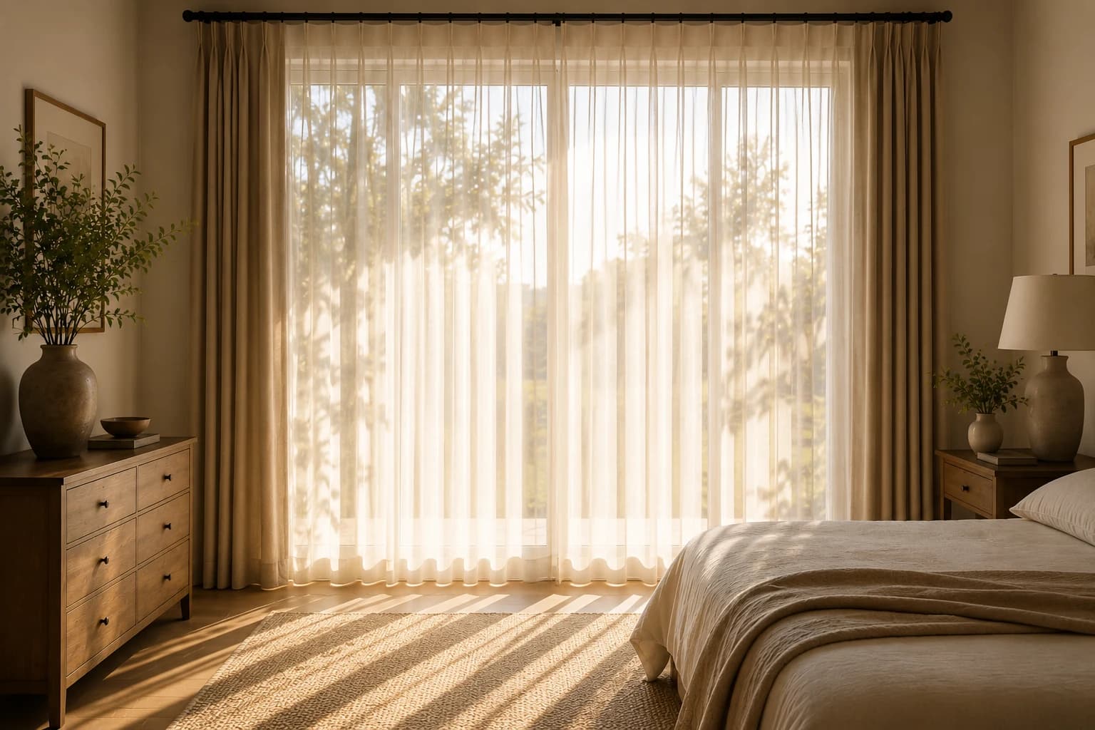 Sheer and drapery layers filtering warm daylight in a bedroom.