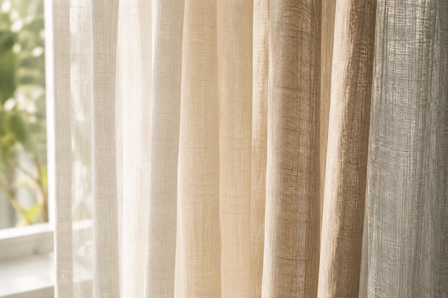 Close-up of sheer drapery panels filtering daylight at a window.