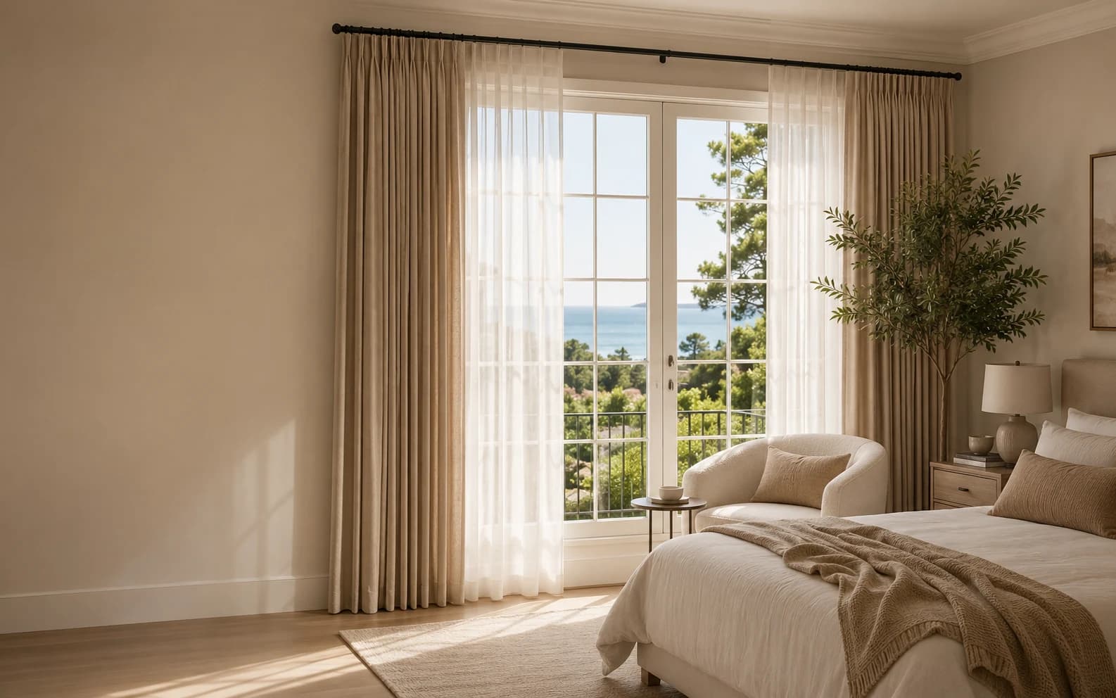 Custom drapery and sheer panels installed across bedroom French doors.