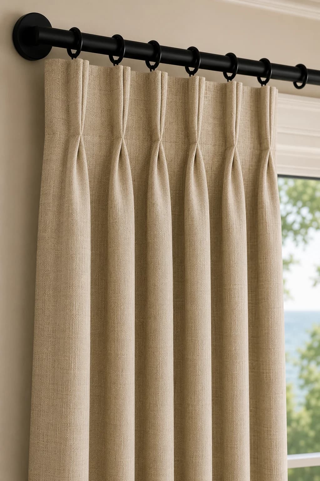 Close-up of pinch pleat drapery hanging from a black curtain rod.