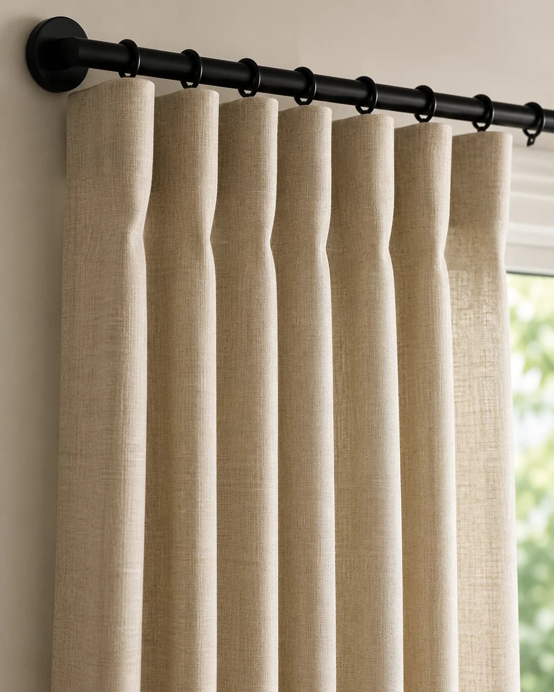 Close-up of ripple fold drapery on a black curtain rod.