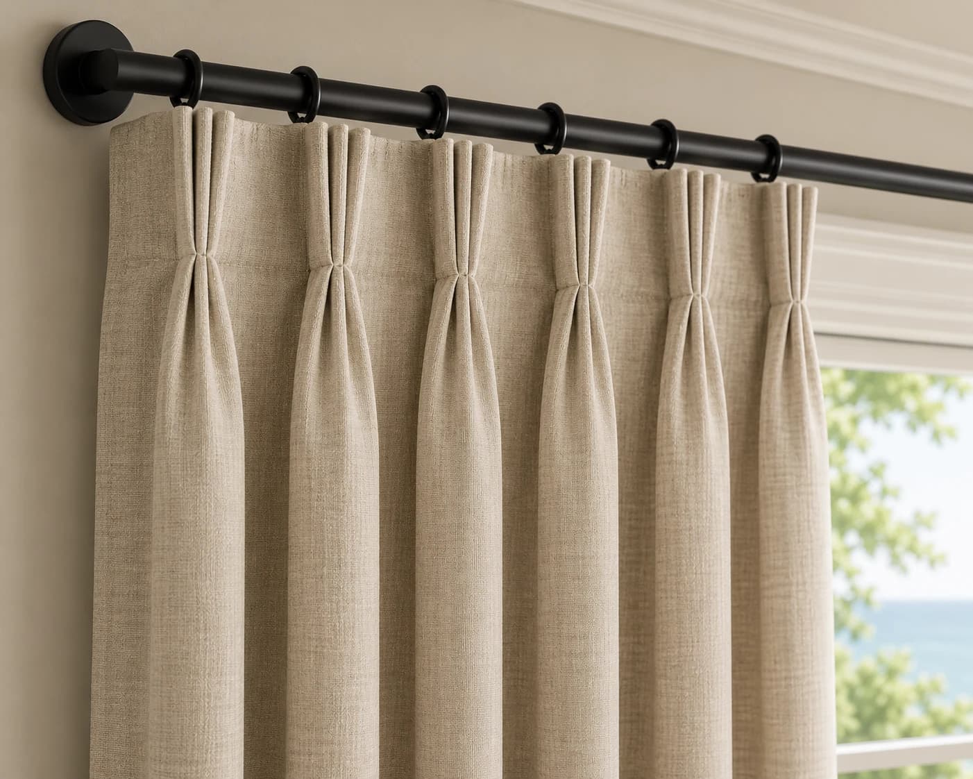Close-up of triple pleat drapery with a pleated header.