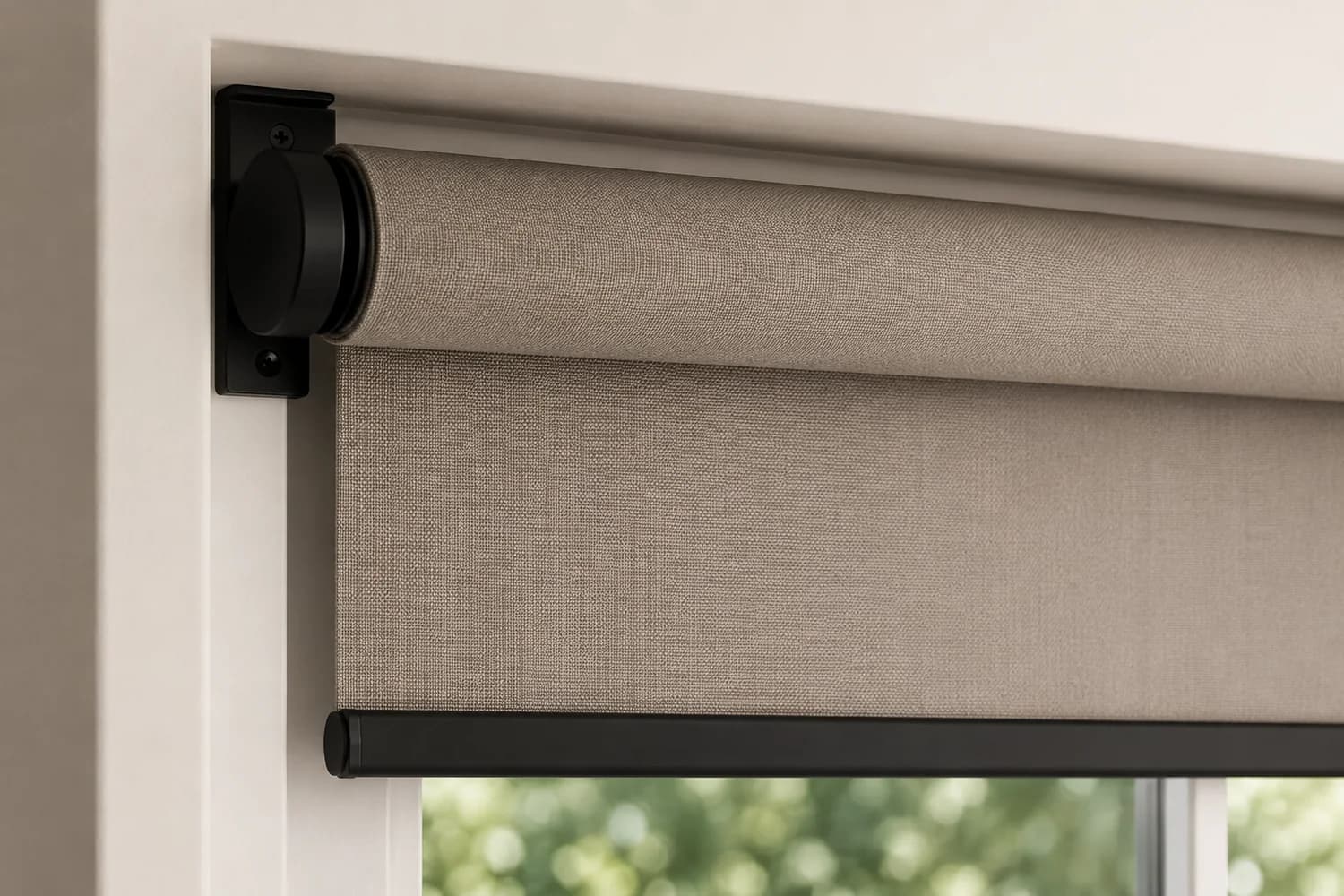 Close-up of roller shade fabric and roller hardware at a window.