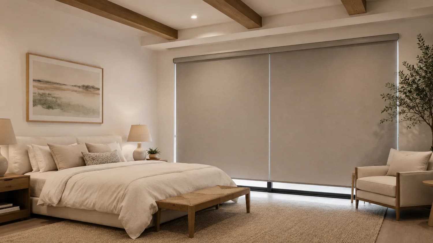 Room-darkening roller shades installed across bedroom windows.