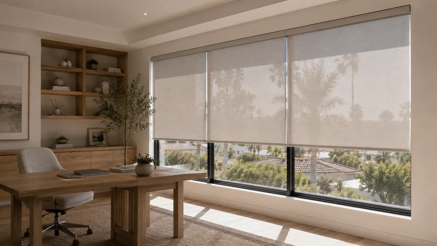 Solar roller shades filtering daylight in a home office.