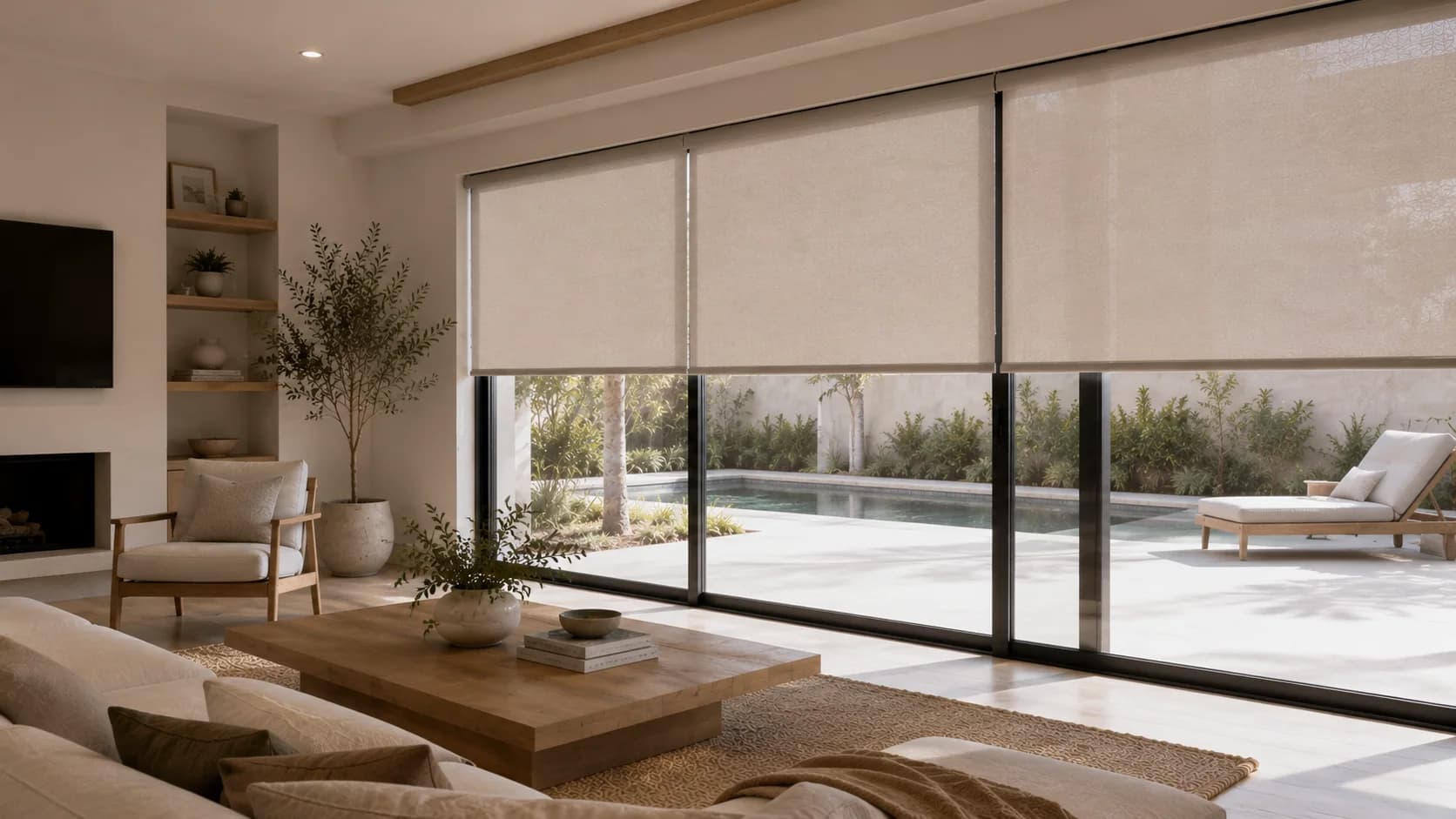 Roller shades installed across sliding glass doors in a modern living room.