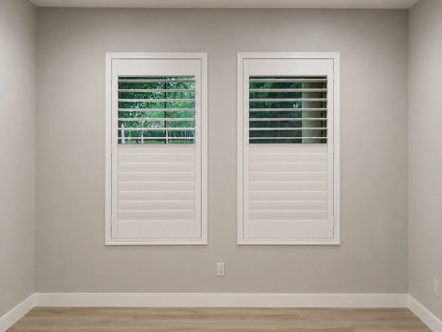 Plantation shutters demonstrating open and closed light-control positions.