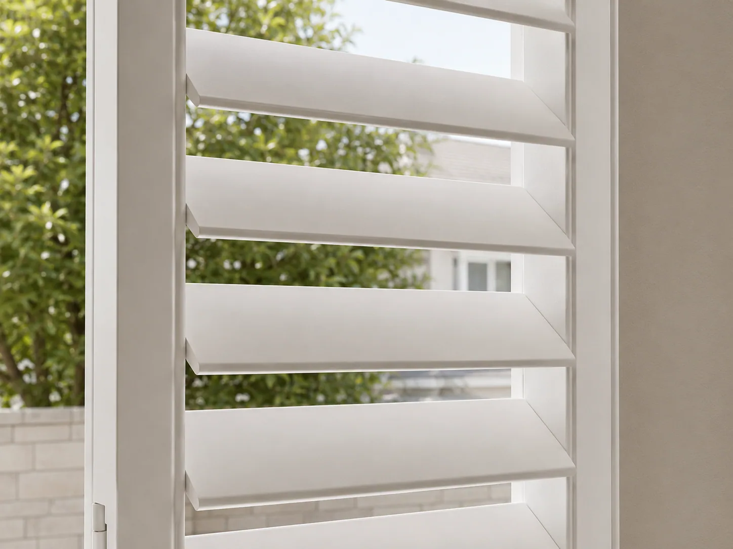 Close-up of ClearView plantation shutter louvers without a front tilt rod.