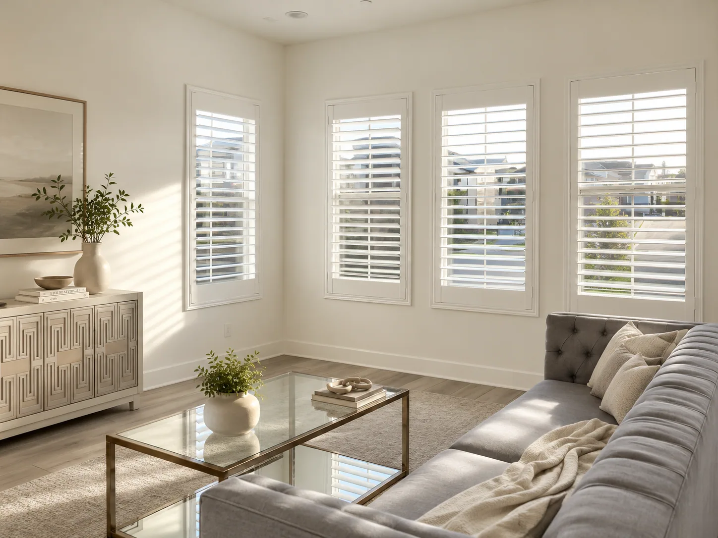 Custom plantation shutters in a bright modern living room.
