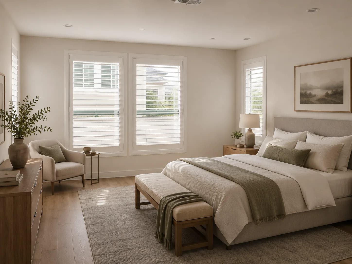 Custom plantation shutters in a calm modern bedroom.