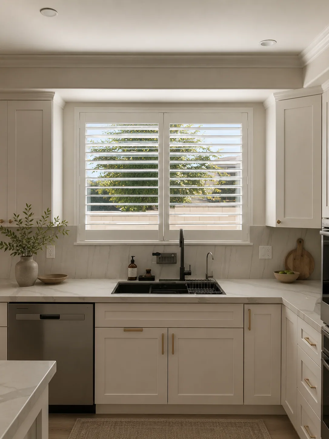 Plantation shutters installed above a kitchen sink.