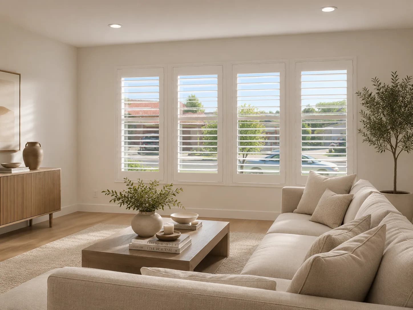 White plantation shutters installed in a modern living room.