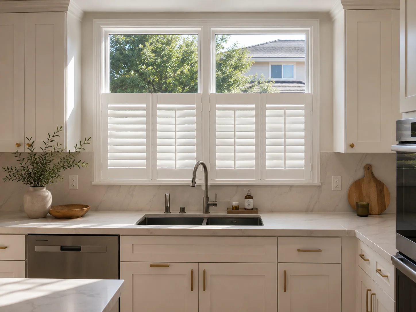 Cafe style plantation shutters covering the lower half of kitchen windows.