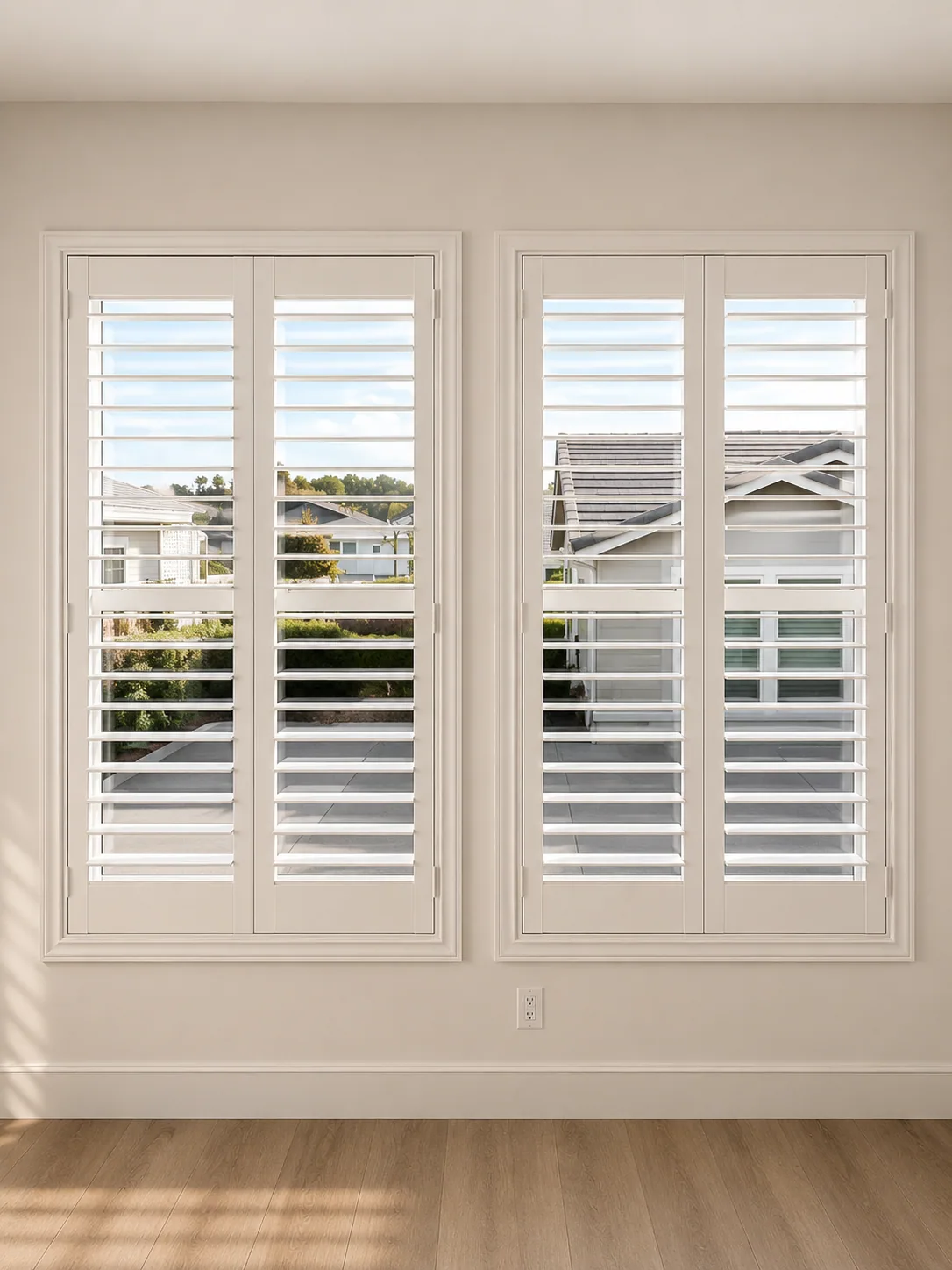 Full height plantation shutters fitted across two residential windows.