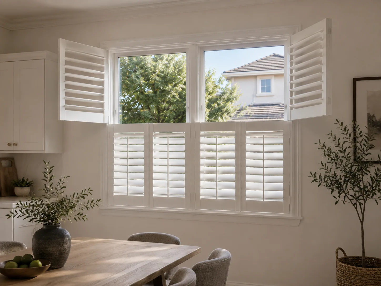Tier-on-tier plantation shutters with independently divided upper and lower panels.