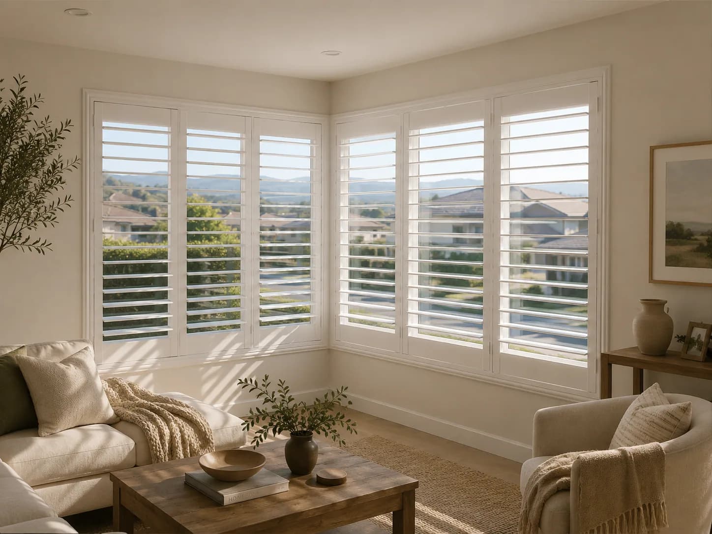 Custom plantation shutters installed on adjoining corner windows.