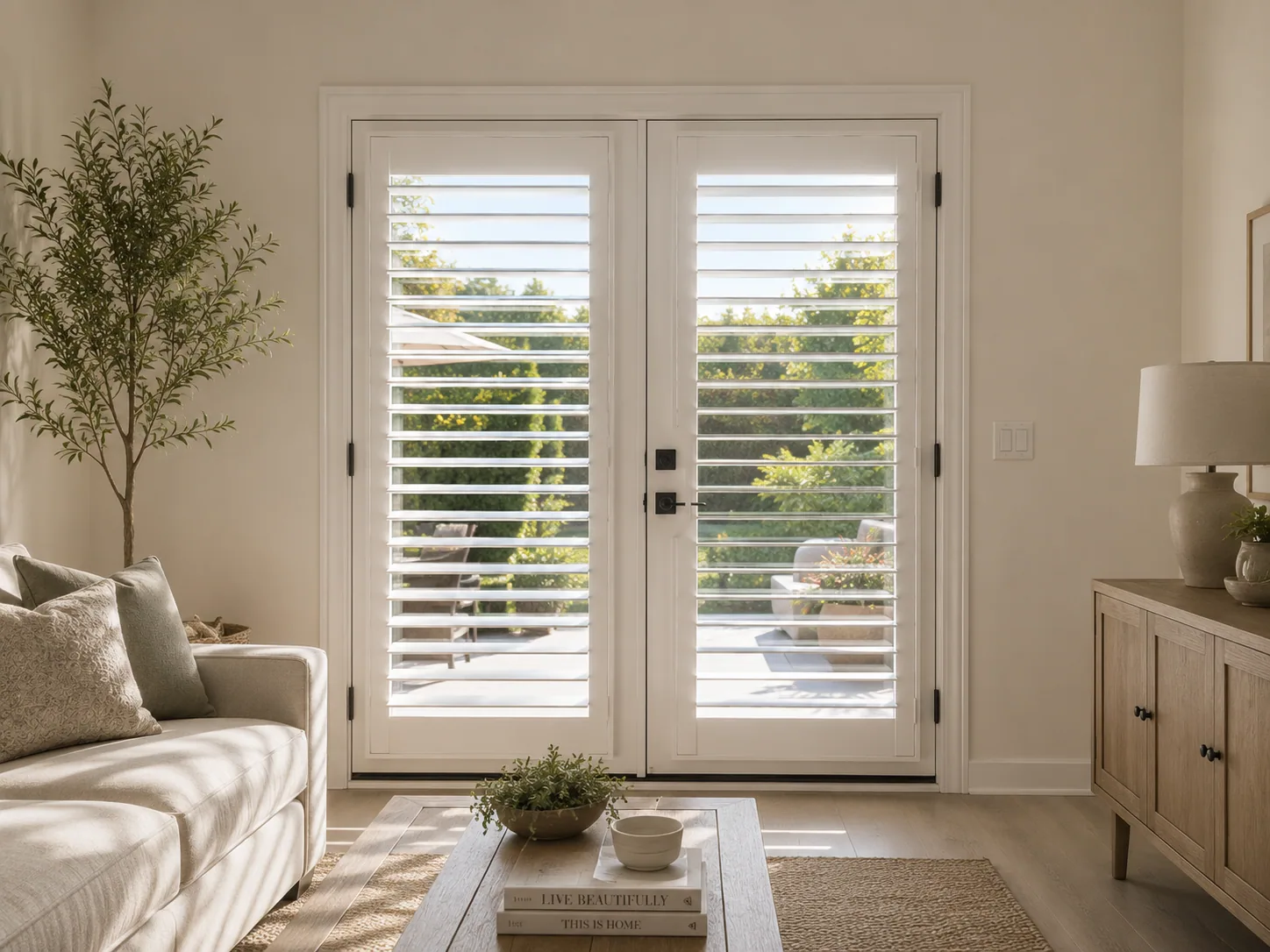 White plantation shutters fitted to French doors.