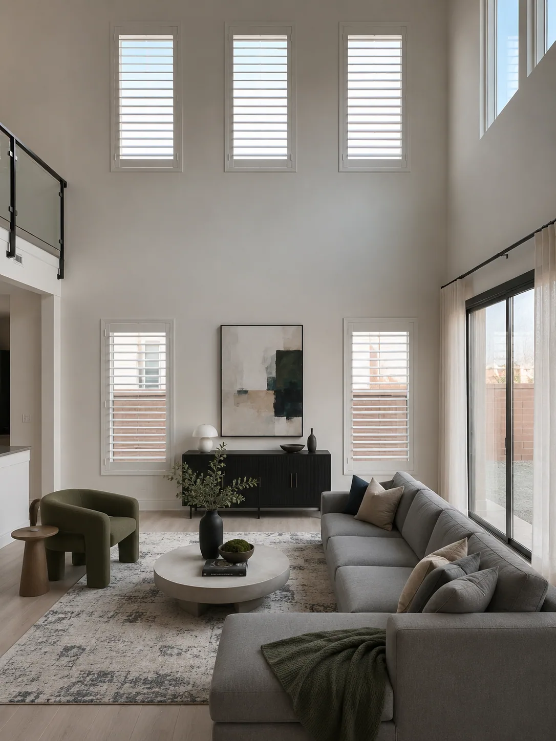 Plantation shutters installed on high windows in a two-story living room.