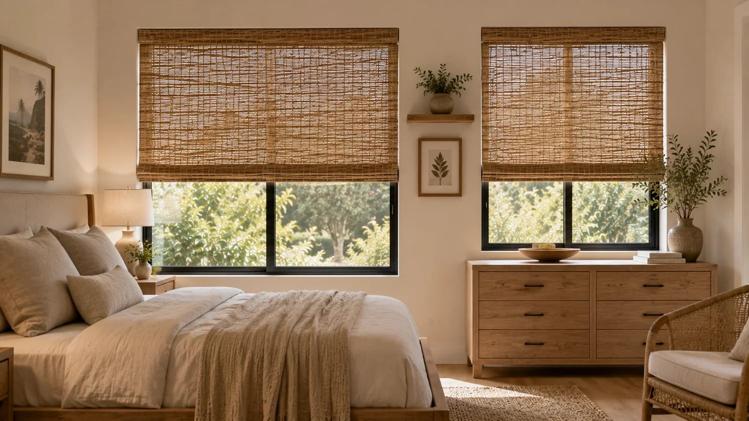 Woven wood shade installed in a bedroom window.