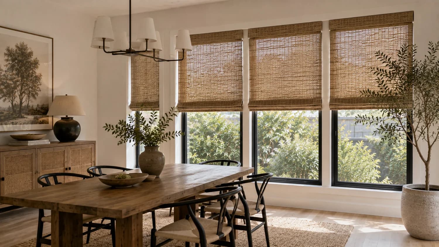 Woven wood shades installed in a dining room.