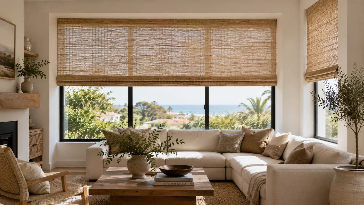 Woven wood shades filtering daylight in a living room.