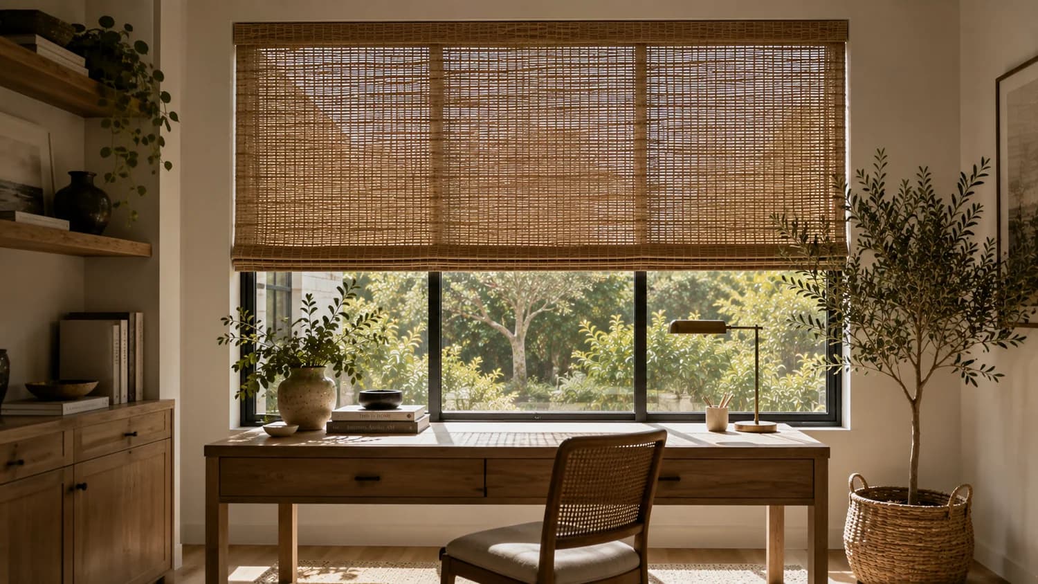 Natural woven wood shade filtering daylight at a window.