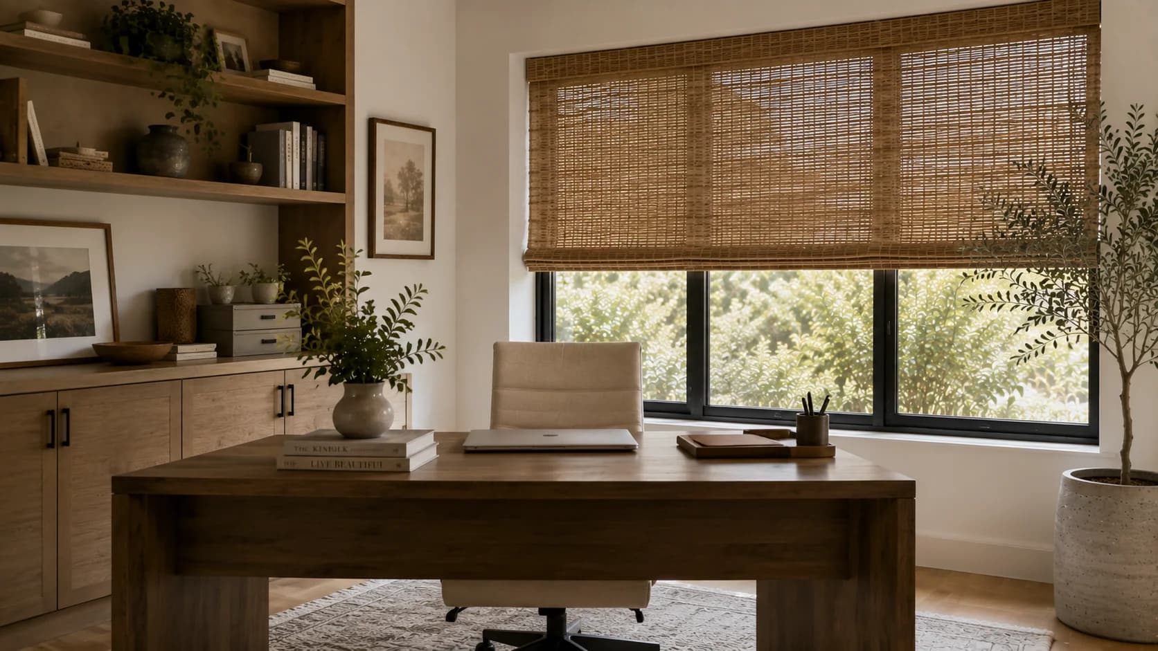 Woven wood shade installed in a home office window.