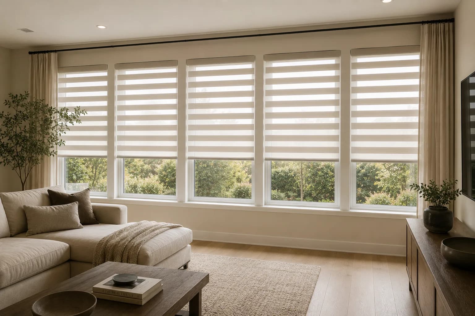 Custom zebra shades installed on large living room windows.