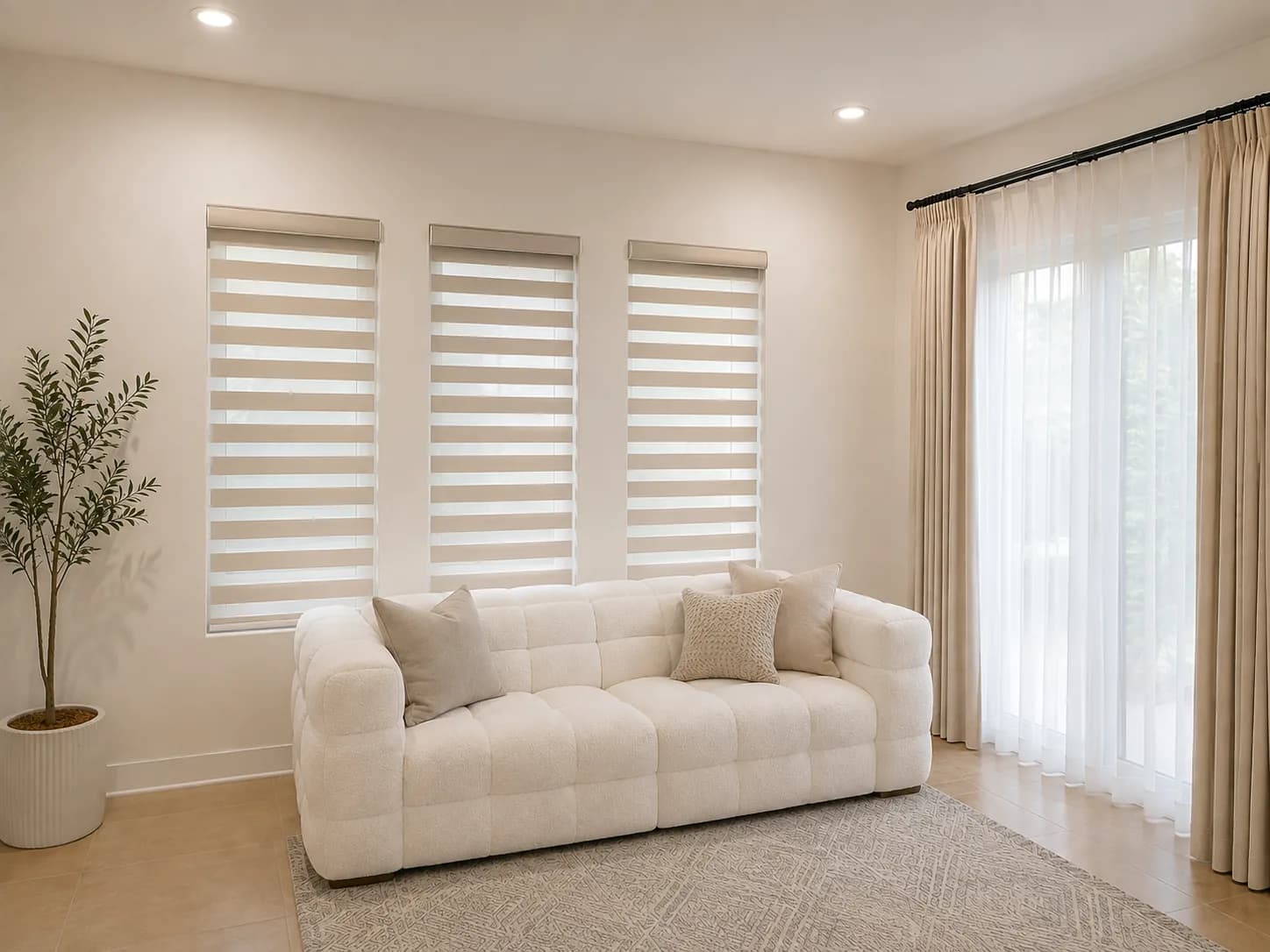 Zebra shade bands partially overlapped for balanced privacy.