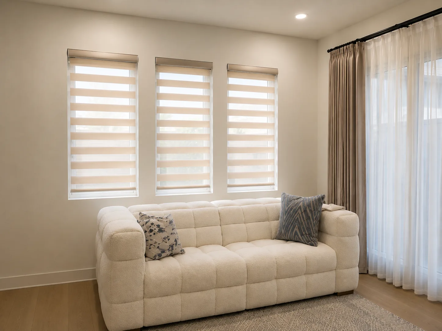 Zebra shades adjusted to filter daylight through sheer fabric bands.