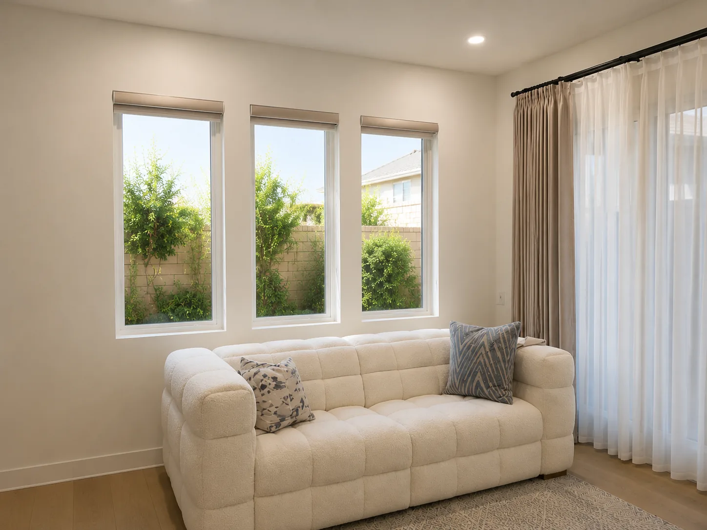 Zebra shades fully raised above a residential window.