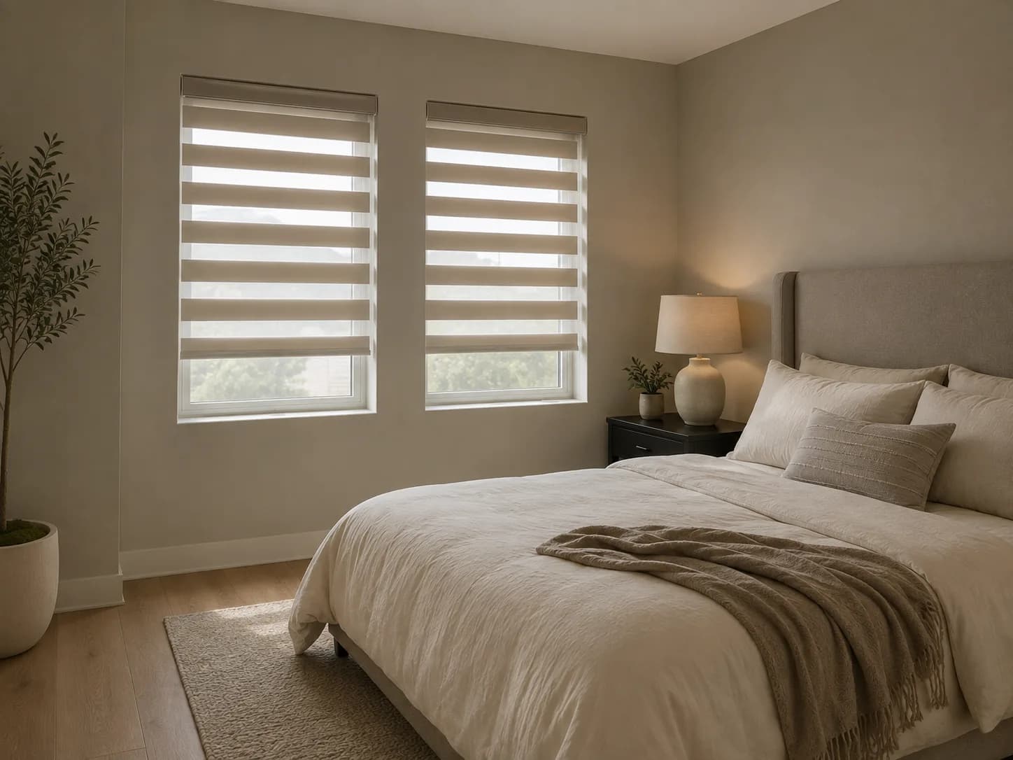 Zebra shades installed in a bedroom with neutral bedding.