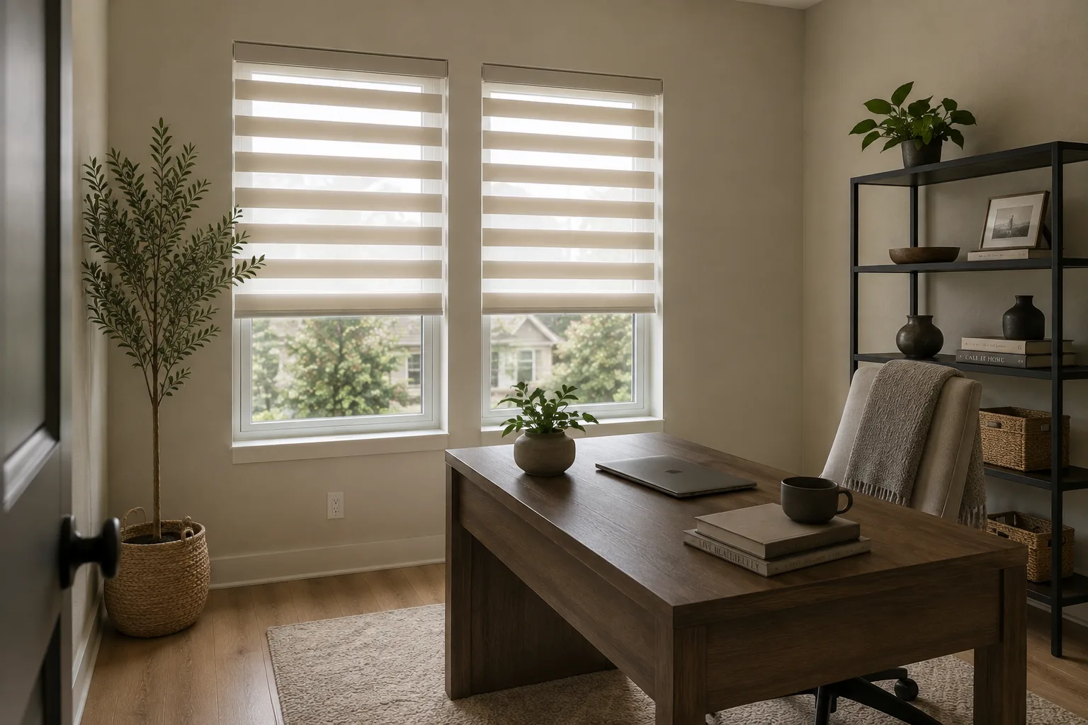 Zebra shades installed in a home office with multiple windows.