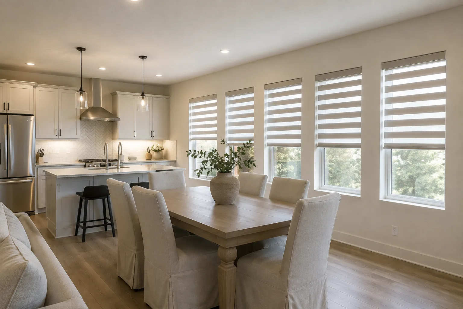Zebra shades installed in a kitchen dining area.