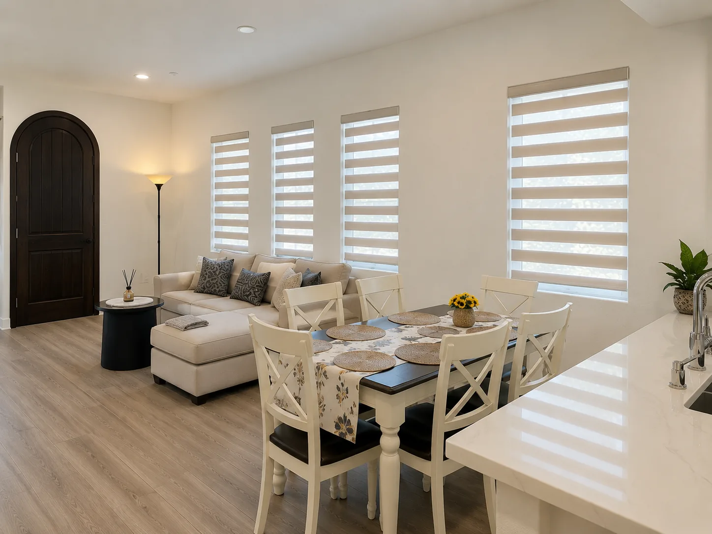 Custom zebra shades in a modern living room.